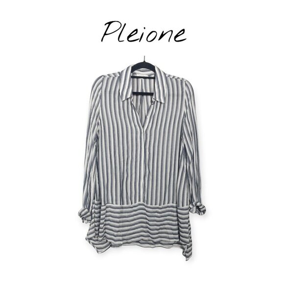 Striped Pleione Womens Button-Up Blouse M Navy/White - Picture 1 of 6